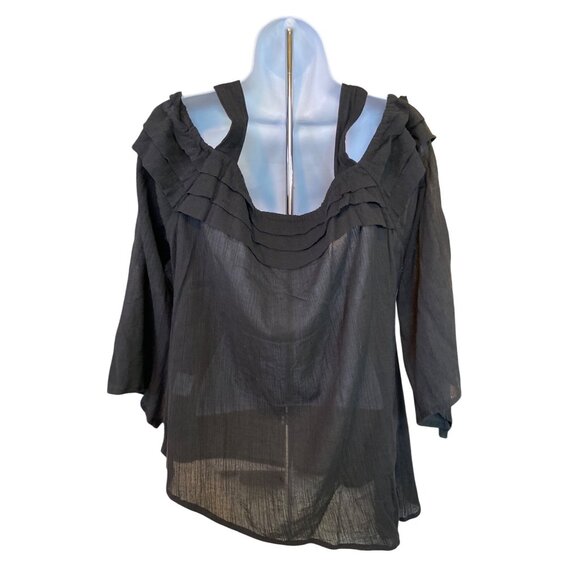 Bleu Bayou Black Cold Shoulder Sheer Blouse Size L Asymmetrical Hem - Picture 2 of 8
